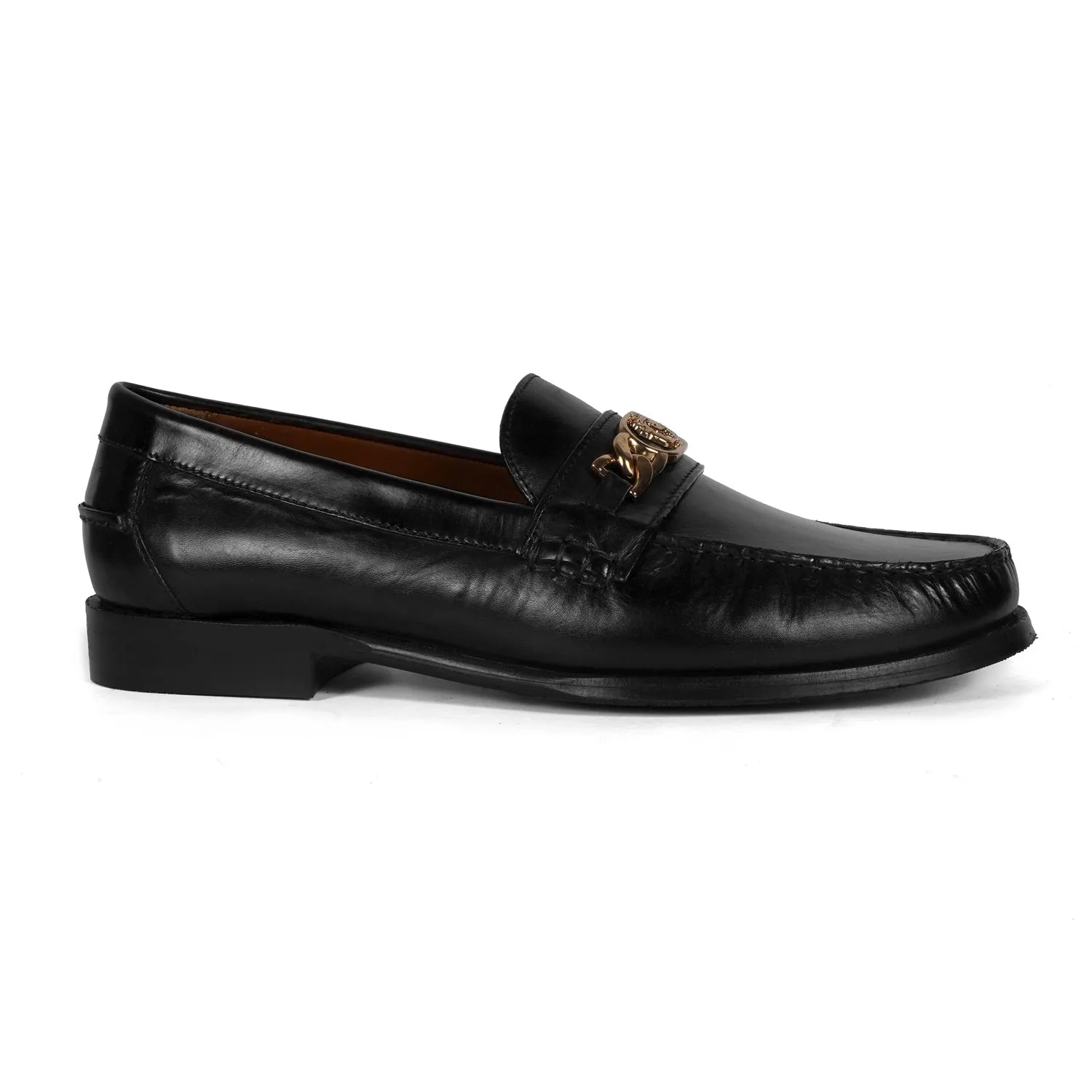 Black Leather Moccasin Loafer with Chain Embellishment Lion Logo