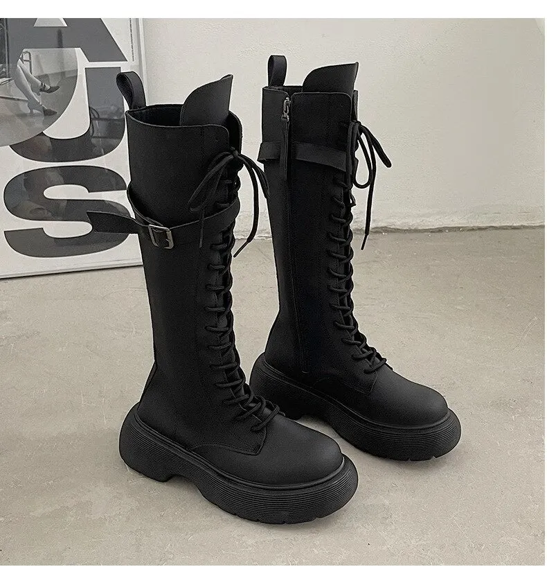 Black Long Motorcycle Boots Womens Spring Comfortable Knight Boots Small Tall Boots Thick Bottom Explosion Style Thin Boots