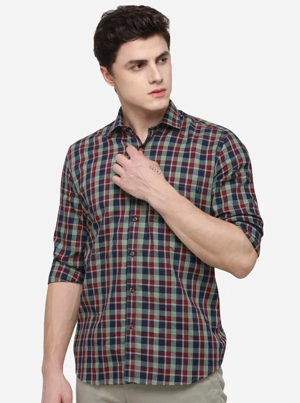 Blue & Green Tailored Fit Checked Casual Shirt | JadeBlue