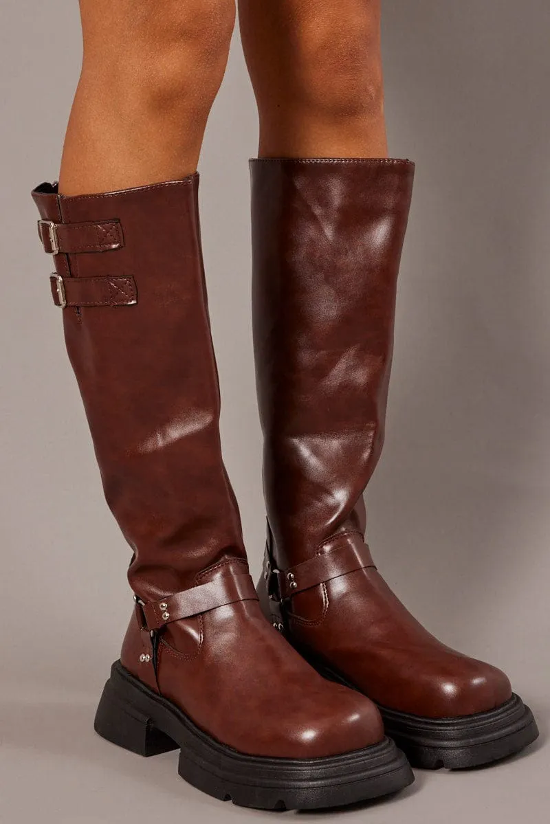Brown Chunky Knee High Boots Biker Boots