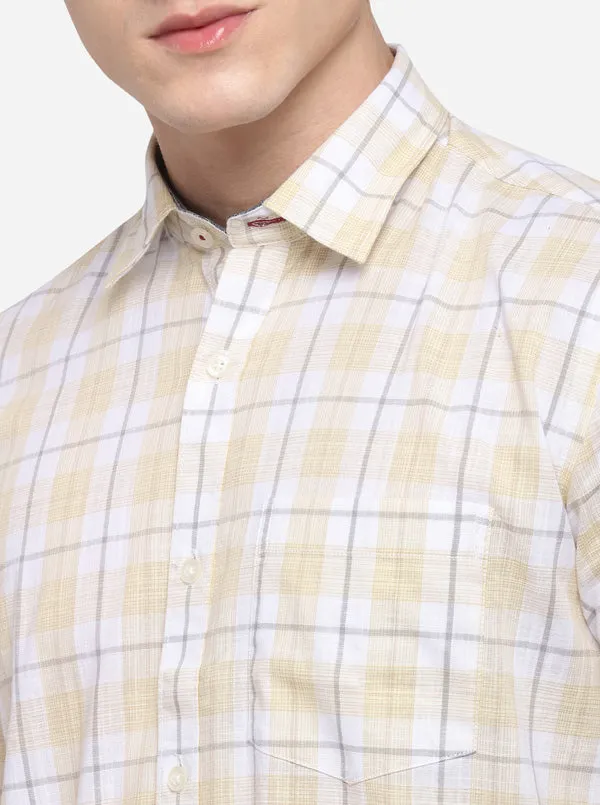 Cream & White Checked Slim Fit Casual Shirt | JadeBlue