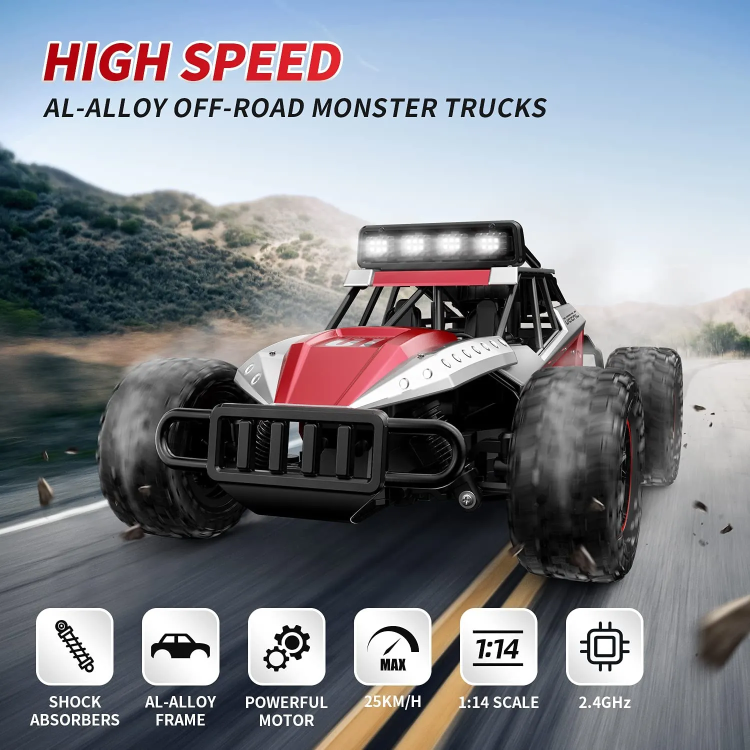 DEERC DE43 RC Car Remote Control 1:14 Scale 2.4Ghz 2WD Monster Truck 2 Batteries