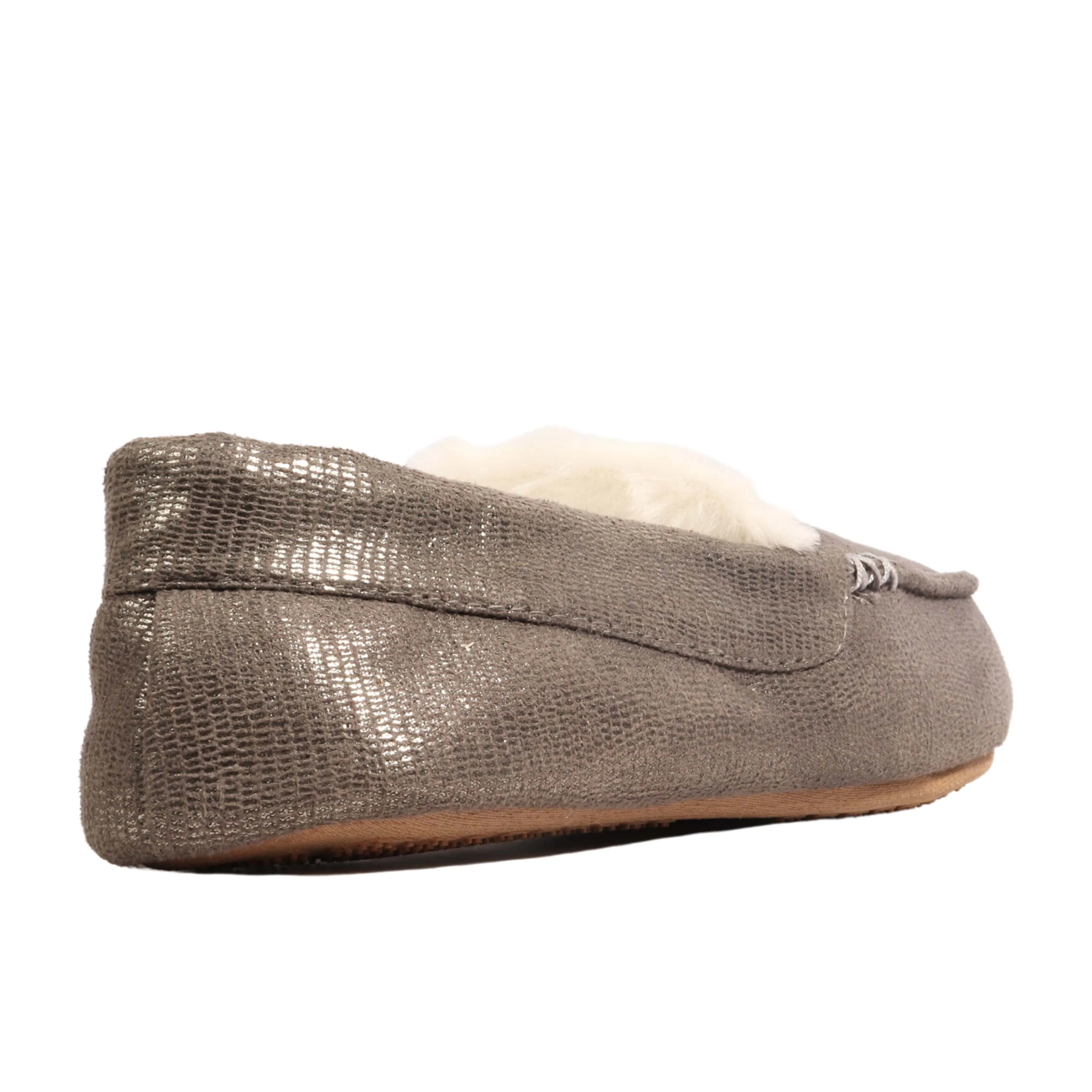 MIXIT - Metallic Pewter Moccasins Faux Fur Lined Slippers