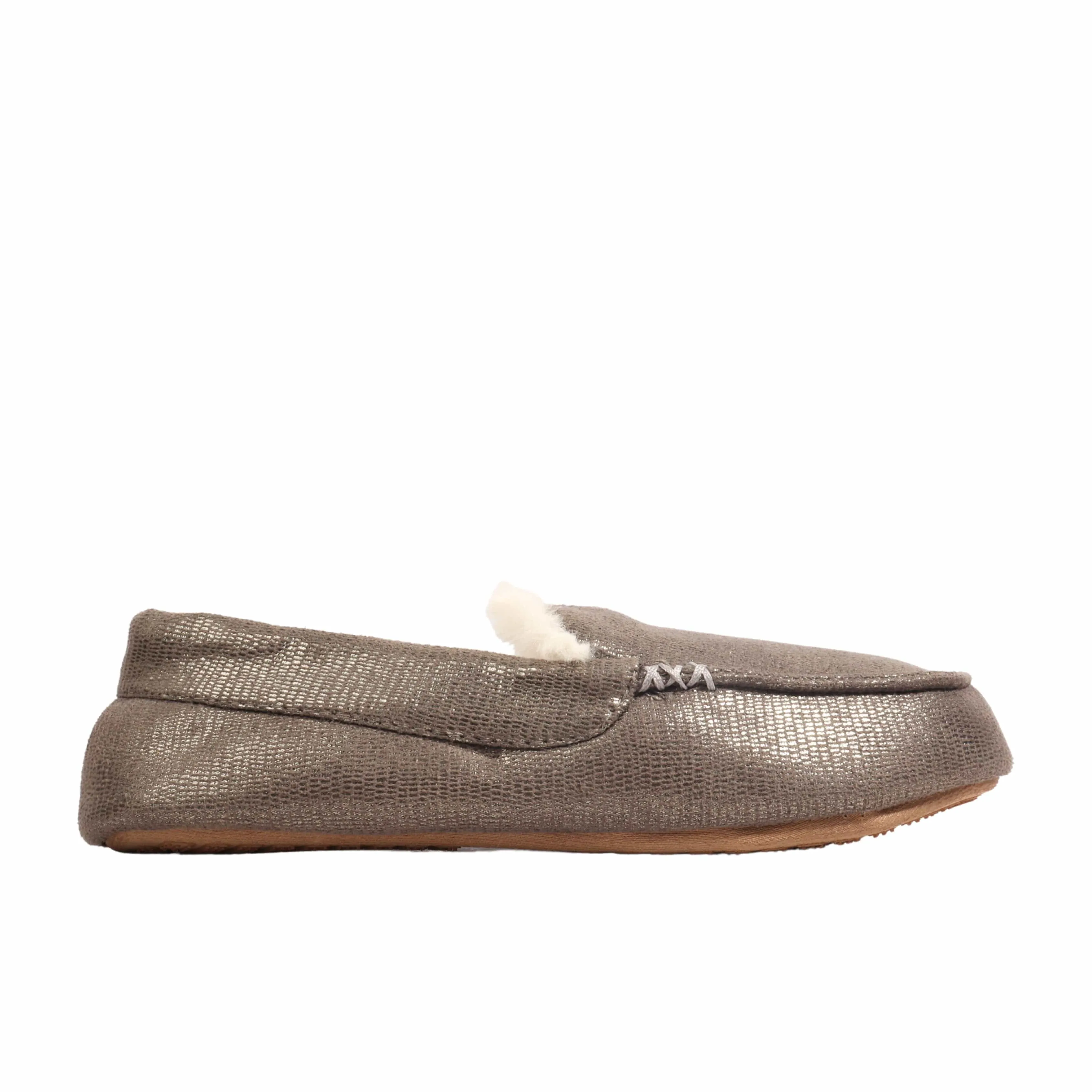 MIXIT - Metallic Pewter Moccasins Faux Fur Lined Slippers