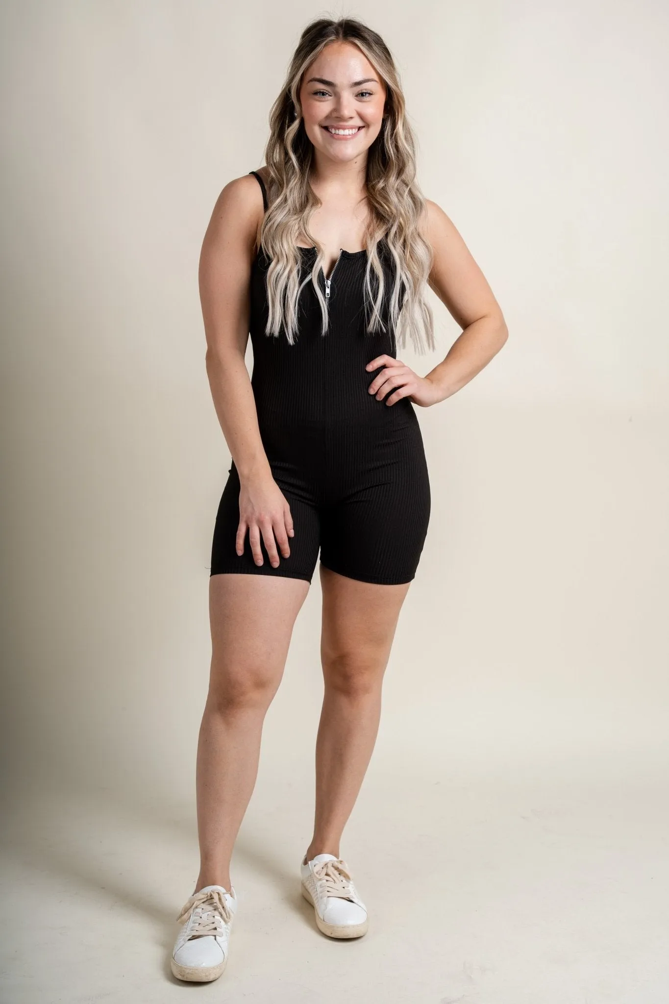 Ribbed biker romper with zipper black