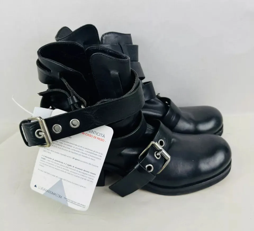 Strategia Black Leather Belted Women’s Biker Boots Size UK 6